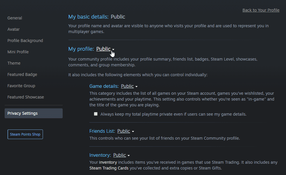 Steam account privacy settings