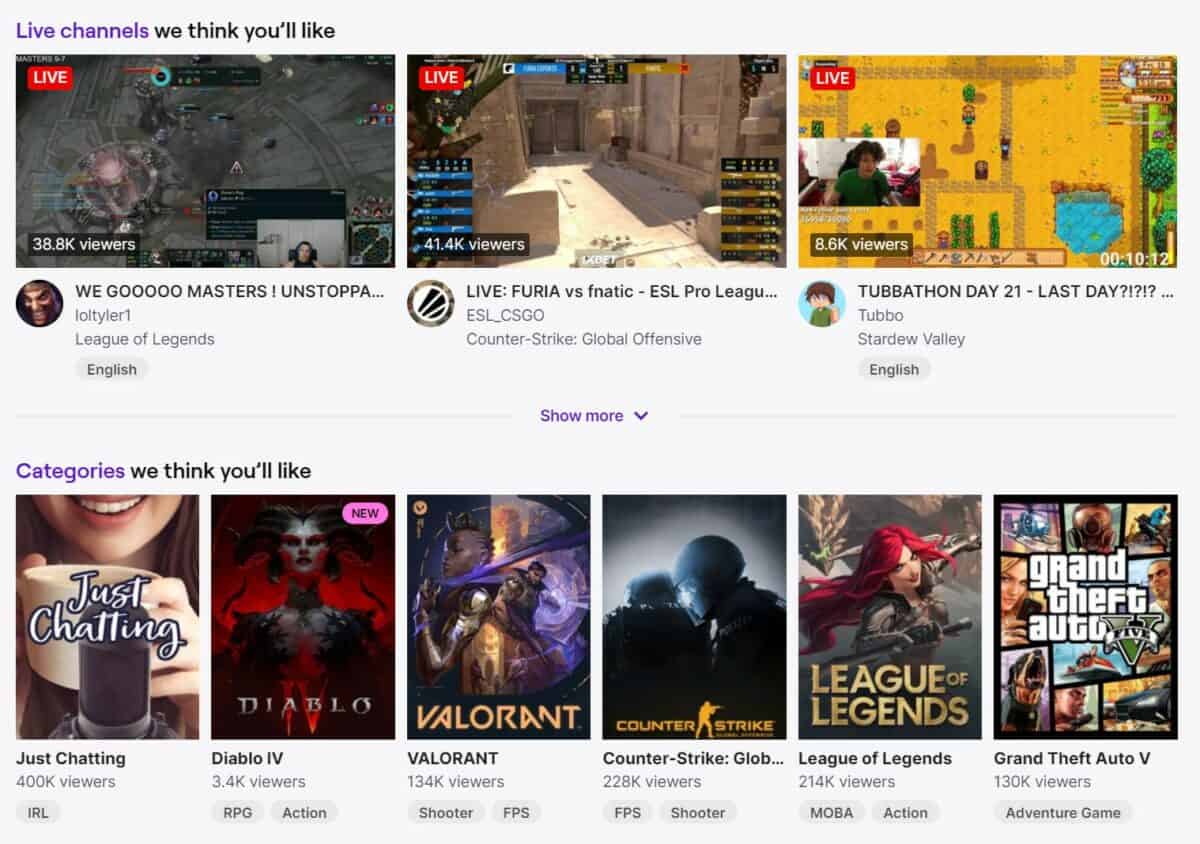twitch homepage channels categories
