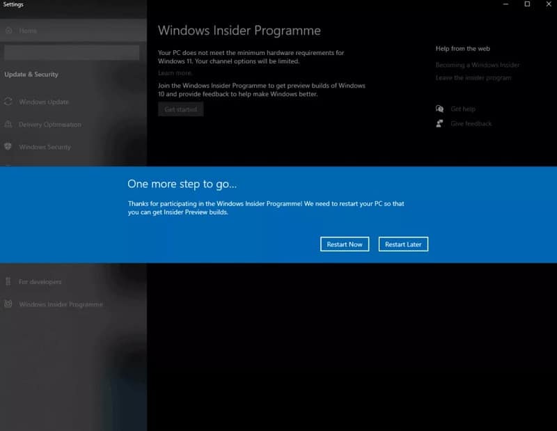 Windows Insider Program Step 5 Restart Update Windows
