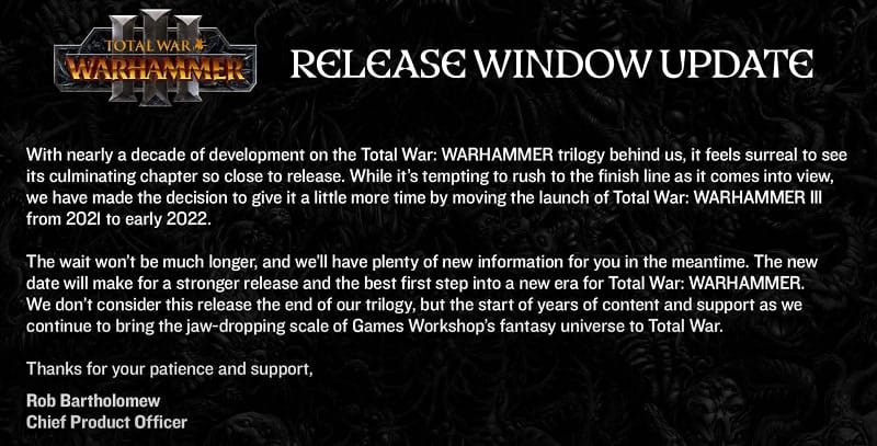 Total War Warhammer 3 Delayed Until 2022