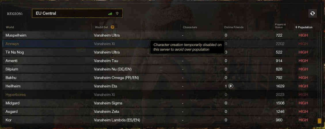 New World Character Creation Disabled