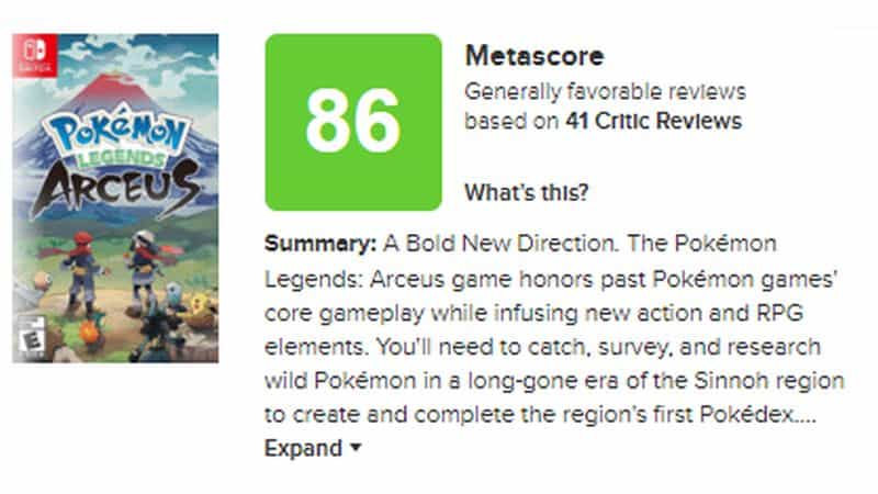 How is Pokémon Legends Arceus doing on Metacritic?