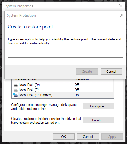 Create a restore point before optimizing the PC for gaming