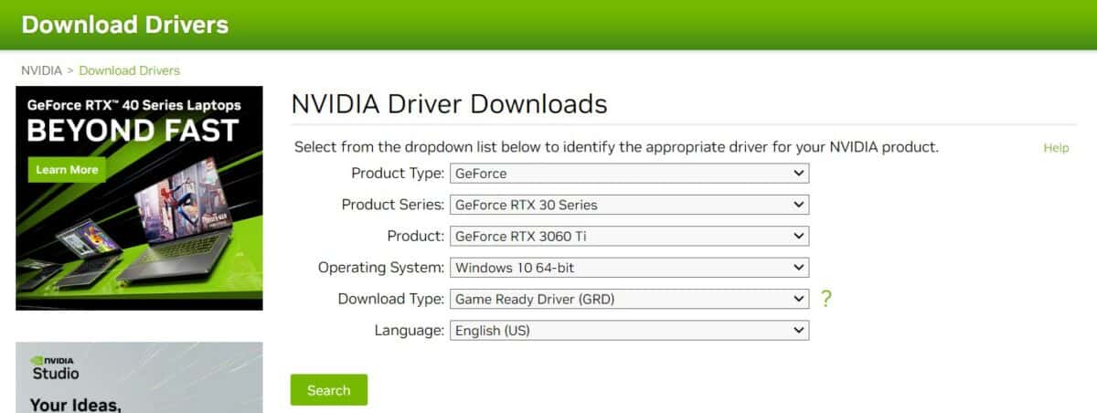 nvidia driver downloads page