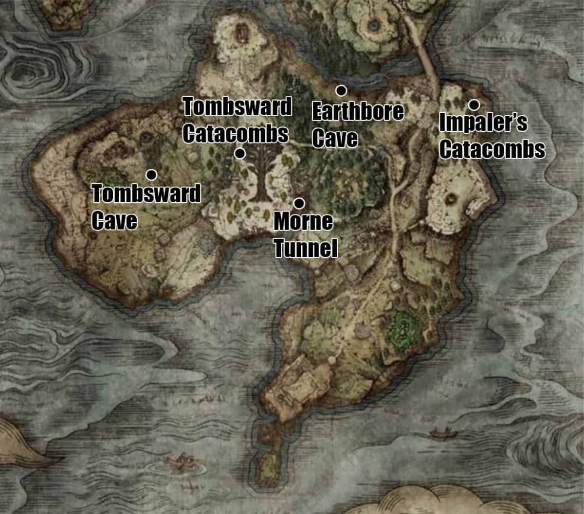 Weeping Peninsula Dungeon Locations Map