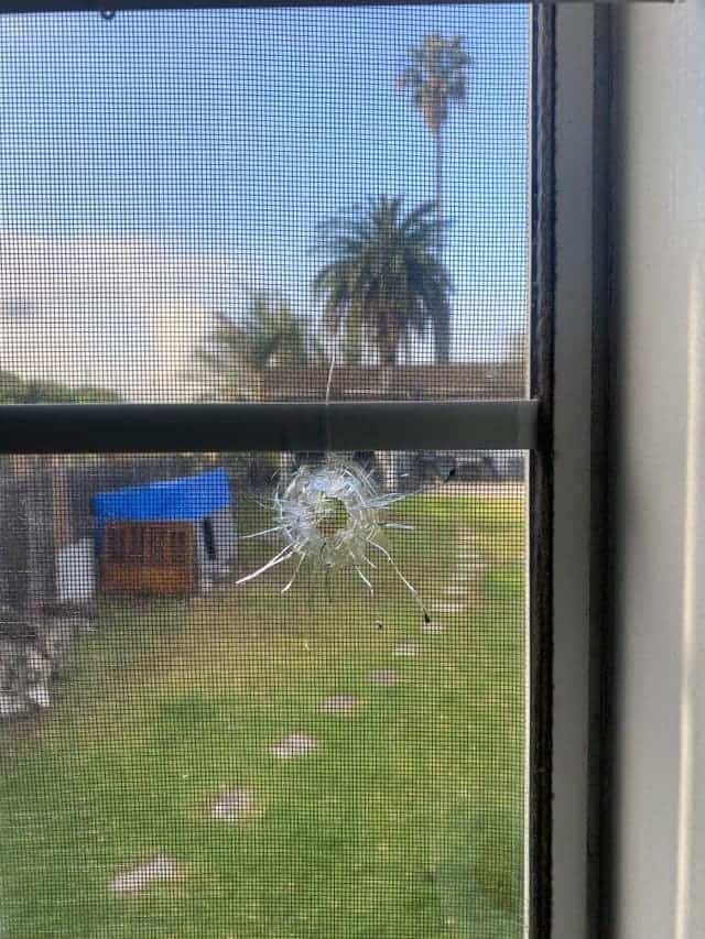 A bullet hole left in the aftermath