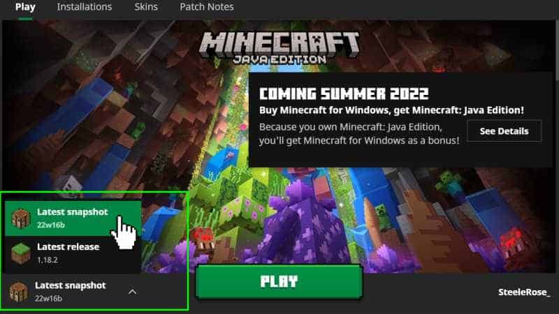 Minecraft Launcher Latest Snapshot dropdown menu