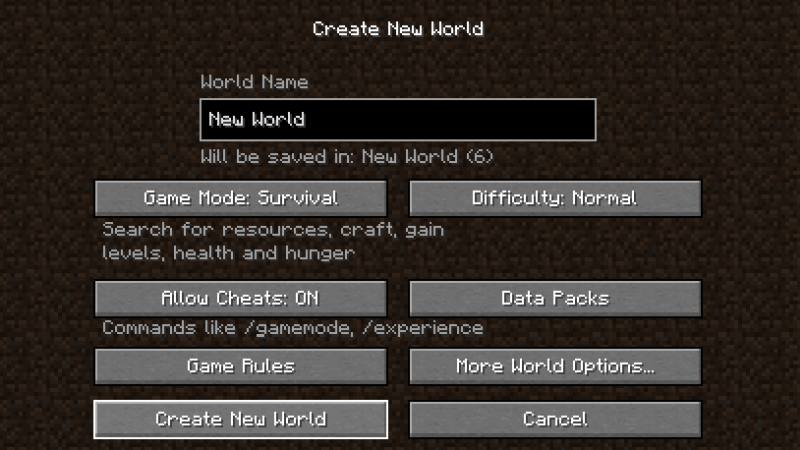 Create New World Minecraft Java Edition cheats