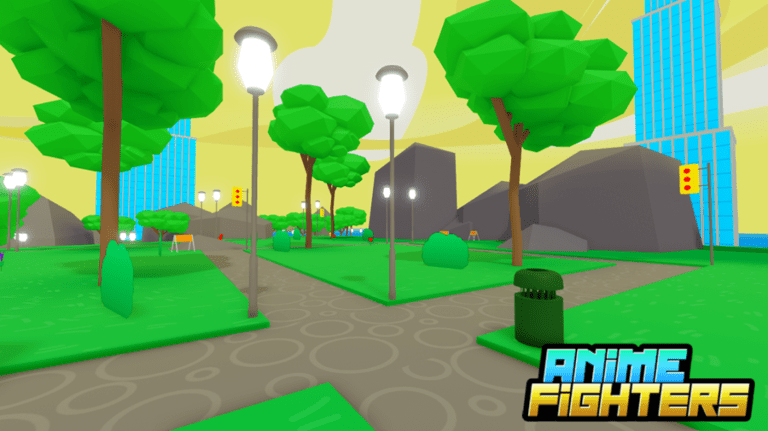A calm and peaceful town square in roblox's anime fighters simulator