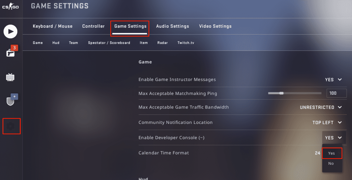 Screenshot of settings on CSGO to enable the console