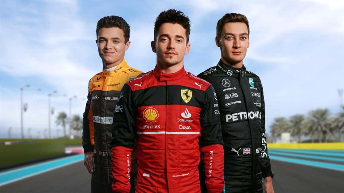 The main cover for F1 22 featuring Lando Norris, Charles Leclerc and George Russell.