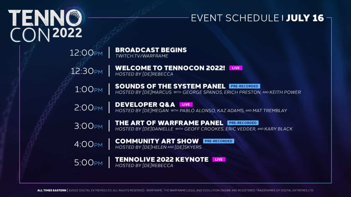 Capture of Tennocon schedule for July 16, 2022.