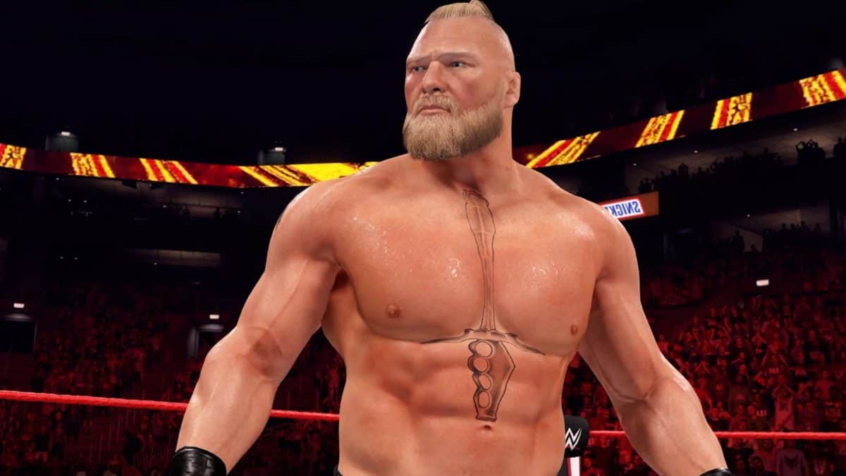 Screenshot of WWE 2K22 showing WWE superstar, Brock Lesnar.