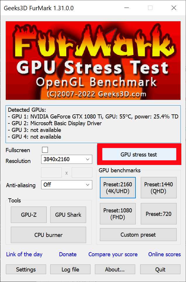 Test case results for Furmark benchmark