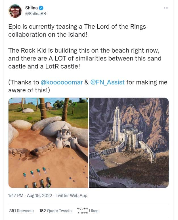 Shiina on Twitter about Fortnite LOTR CRossover