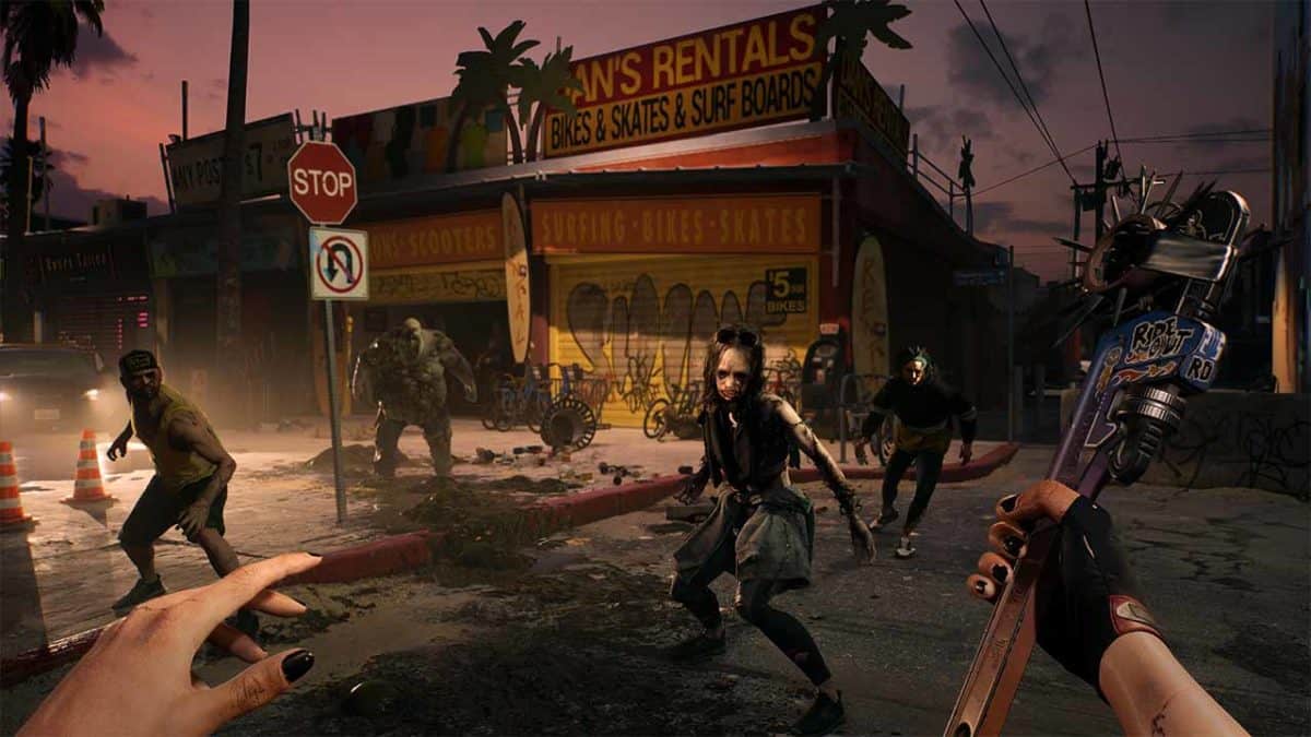 Dead Island 2 Gameplay Screenshot of Zombies Outside Rental Shop