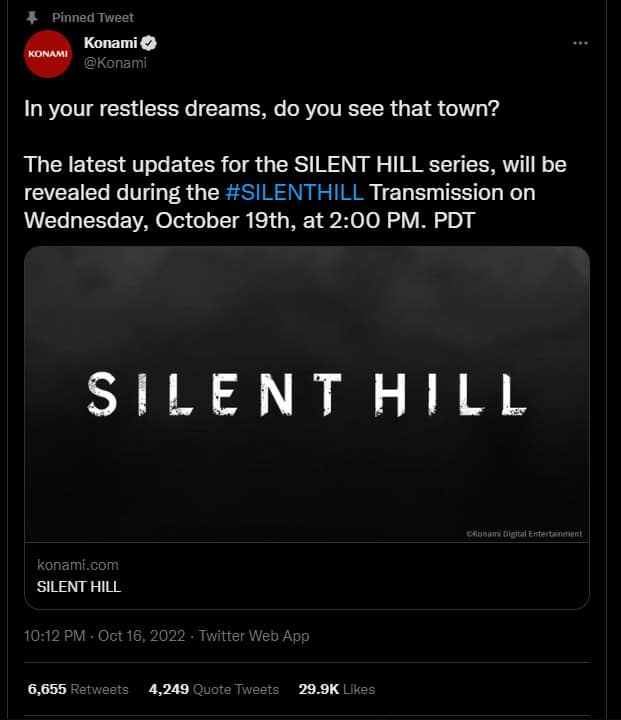 Silent Hill Livestream Announcement Twitter