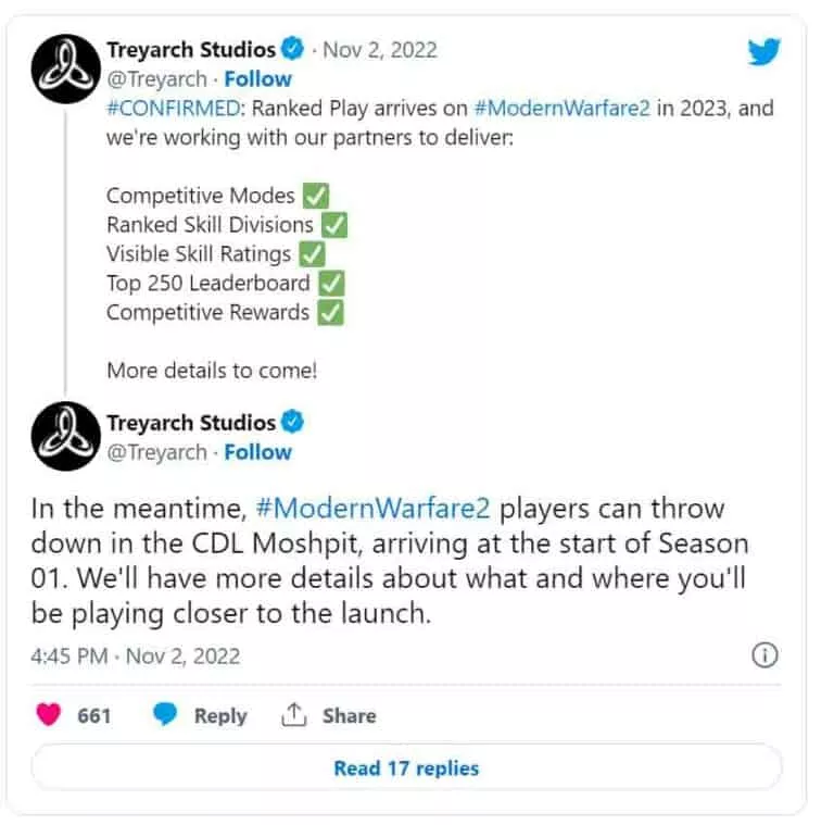MW2 Ranked Play Tweet