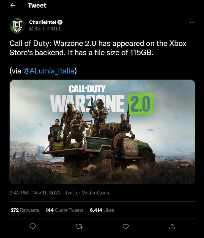 Warzone 2 Pre Load Size CharlieIntel Tweet