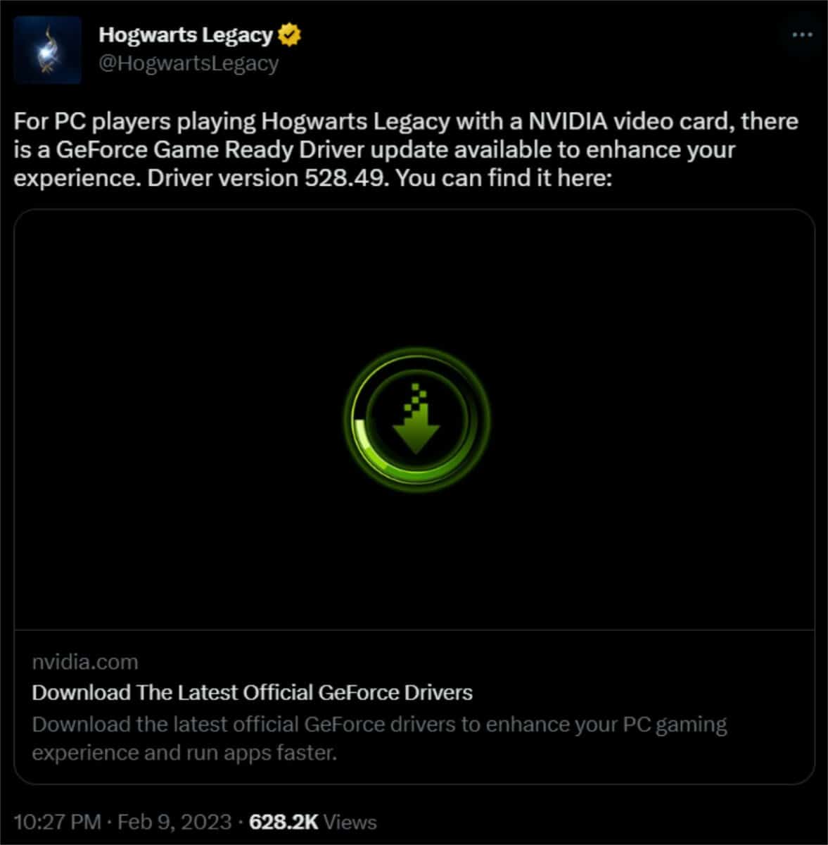 Nvidia driver tweet hogwarts legacy