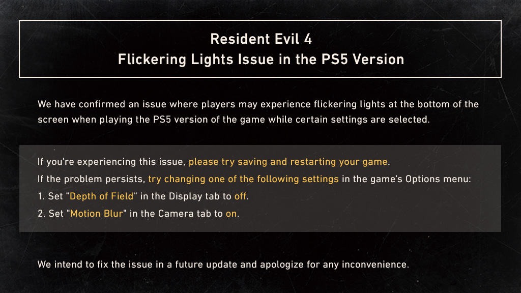 Resident Evil 4 Remake PS5 flickering lights Capcom