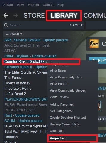 steam library csgo properties