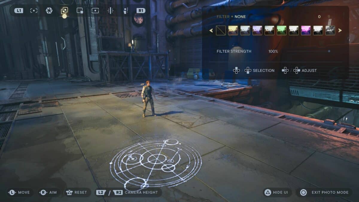Character in jedi survivor posing for photo mode in large area