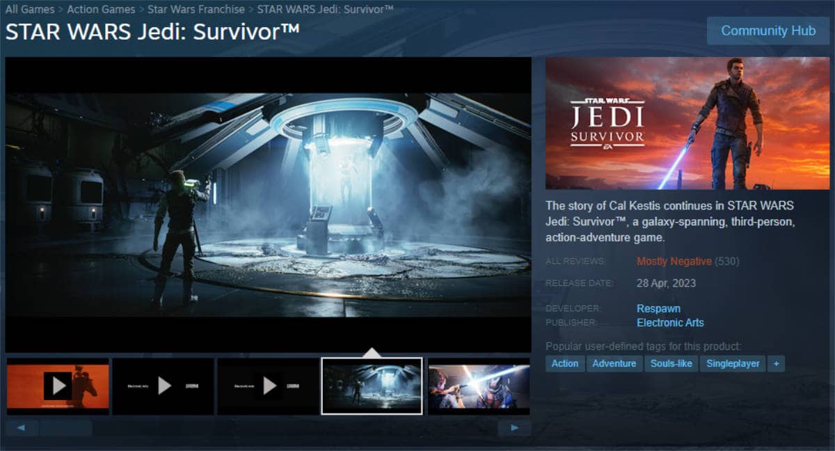 Star Wars Jedi Survivor Steam page showing mostly negative reviews with 530 reviews