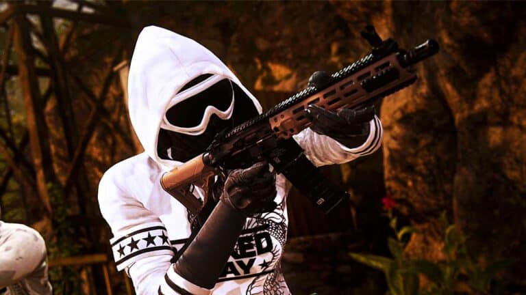 Call of duty modern warfare 2 operator with weapon in white sweater