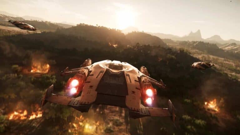 The ANVIL Valkyrie a combat dropship over the planet Hurston