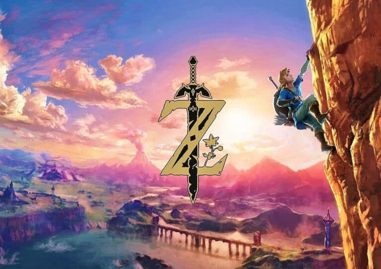 Zelda Logo Link scaling mountain