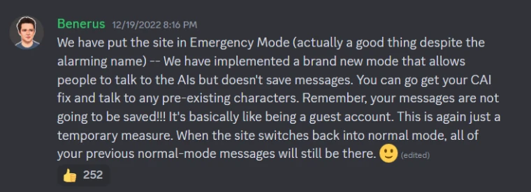 character AI emergency mode discord message