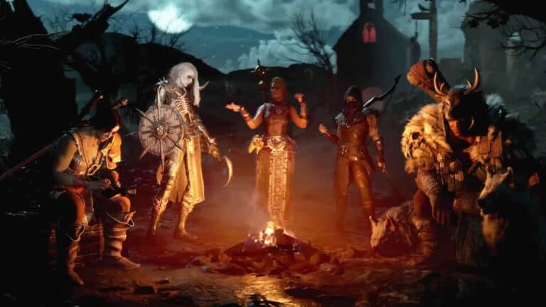 diablo 4 characters classes gather around fire at nighttime