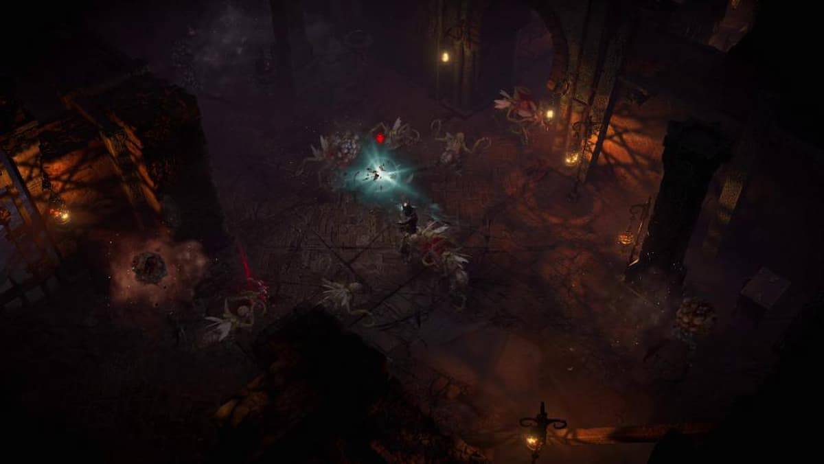 diablo 4 dark red dungeon filled with monsters magic attack