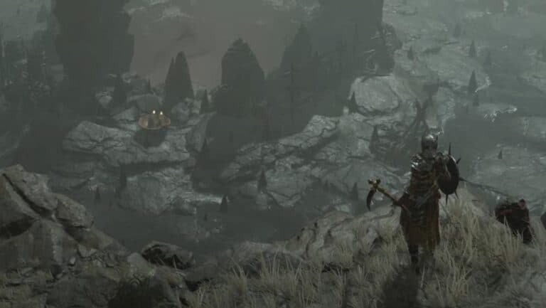 diablo 4 knight stands over gloomy fortress on cliff