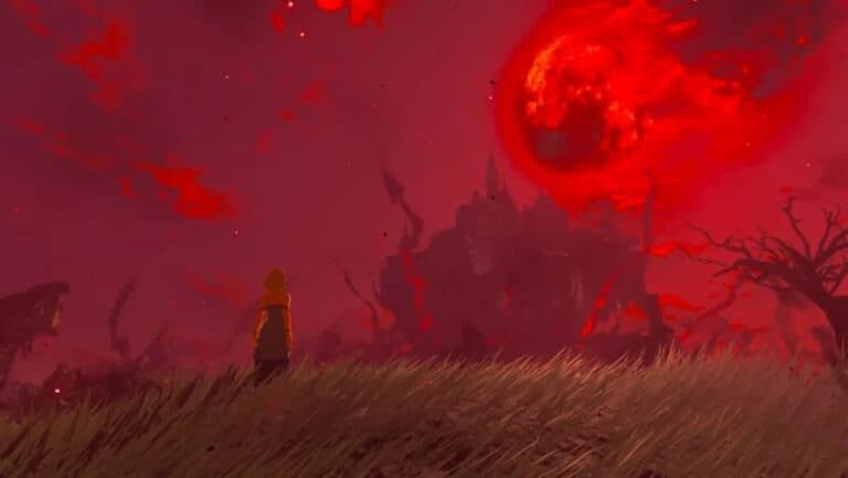princess zelda stares at blood moon in field