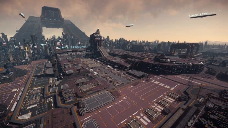 star citizen big red spaceport with ships and screens