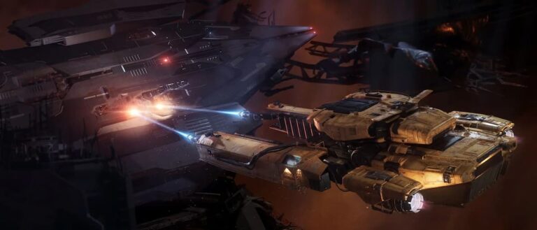 star citizen ship battle in space shooting laser