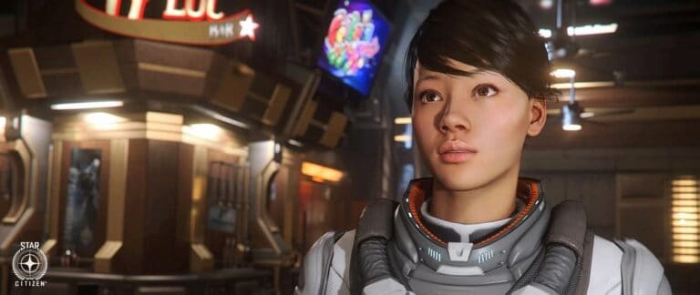 star citizen woman stands in space hub with guns and screens