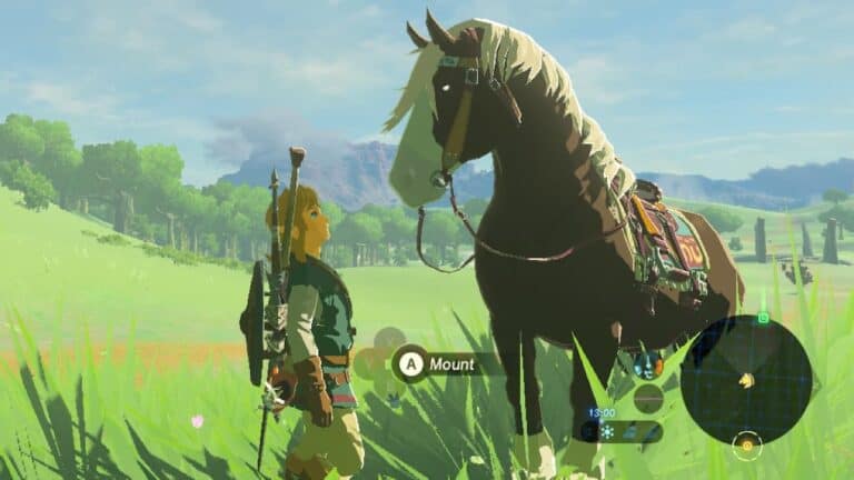 tears of the kingdom link and horse staring in field