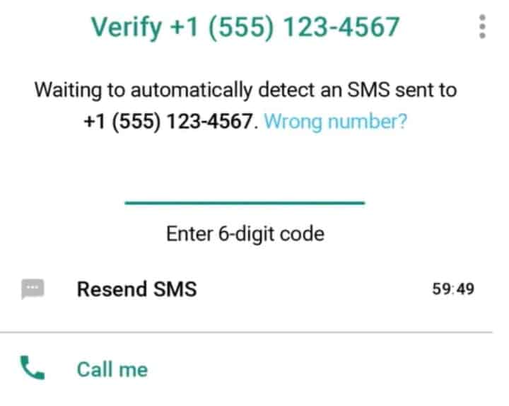 whatsapp enter 6 digit code resend sms call me