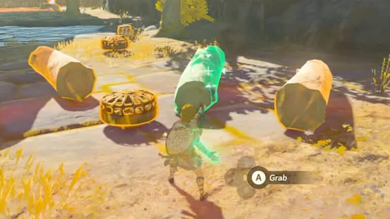 zelda link using ultrahand to move logs by fans