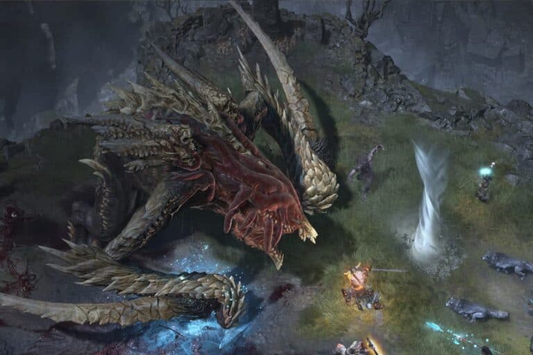 Diablo 4 large boss monster in grass field vs player using magic