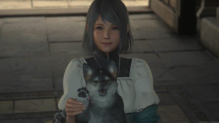 Final Fantasy 16 Lily Holding young Torgal