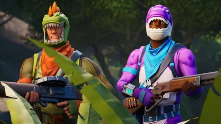 Fortnite Characters in Dino outfits with guns