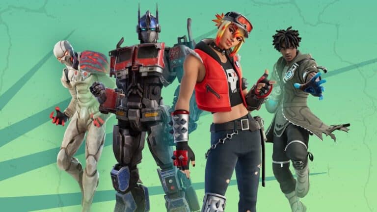 Fortnite transformer and three people pose in front of green background