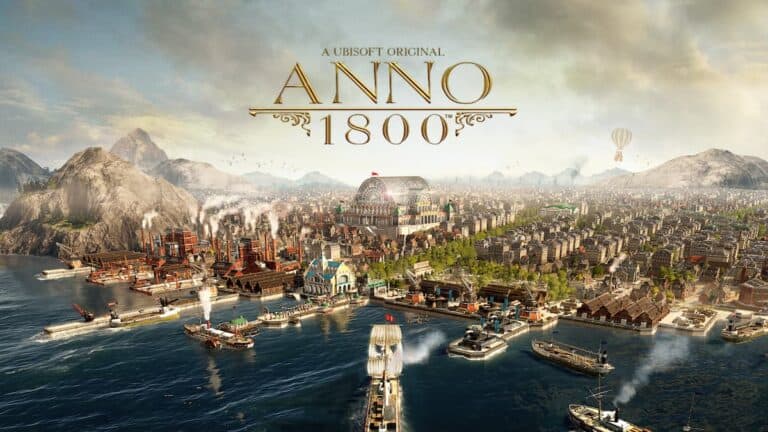 anno 1800 logo city on port in 1800s with buildings factories boats