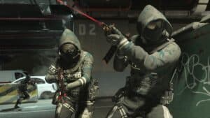 call of duty two masked soldiers in concrete building with guns take cover