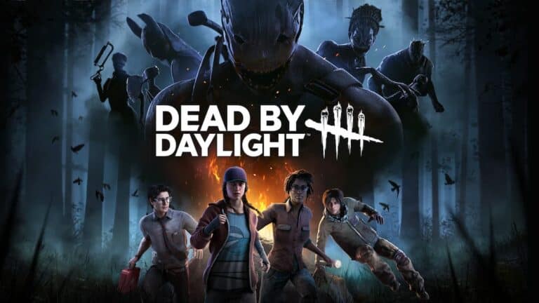 dead by daylight logo four survivors prepare for killer who looms above in dark