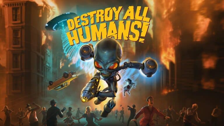 destroy all humans logo alien in air abducts human cow and car